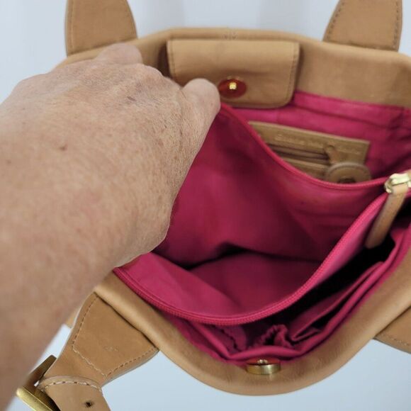 Stone Mountain Tan Genuine Leather Double Top Handle Handbag Buckle Neutral Boho - Picture 11 of 14